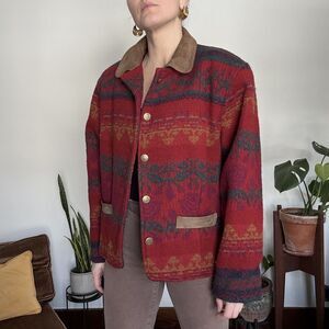 Vintage Woolrich Boho Southwestern Aztec Jacquard Wool Jacket Suede Collar USA